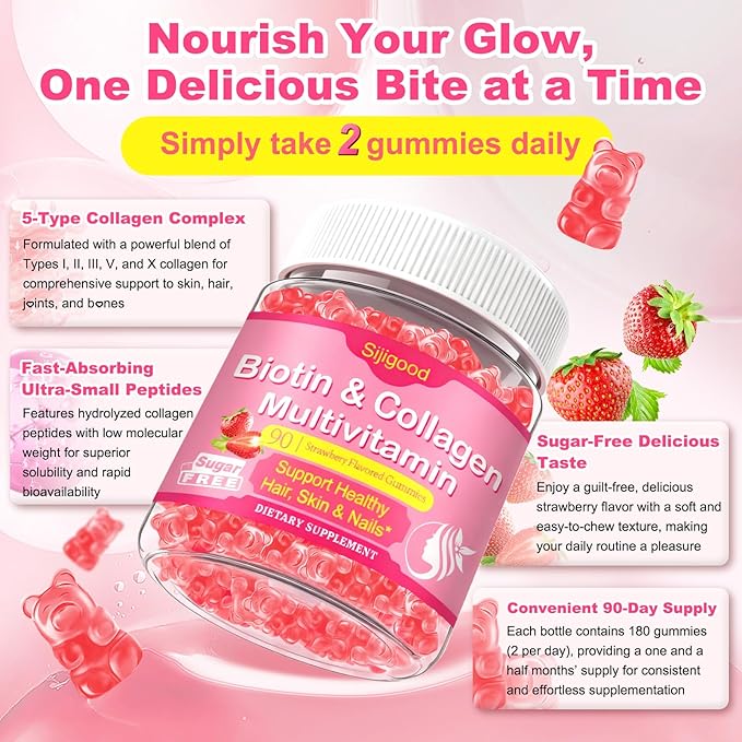 180 Count | Collagen Peptides Gummies for Women Men Collagen Gummies with Multi Hydrolyzed Protein Type IIIIIIVX Biotin Vitamin C B12 D A E for Skin Hair Nails Bone Sugar Free