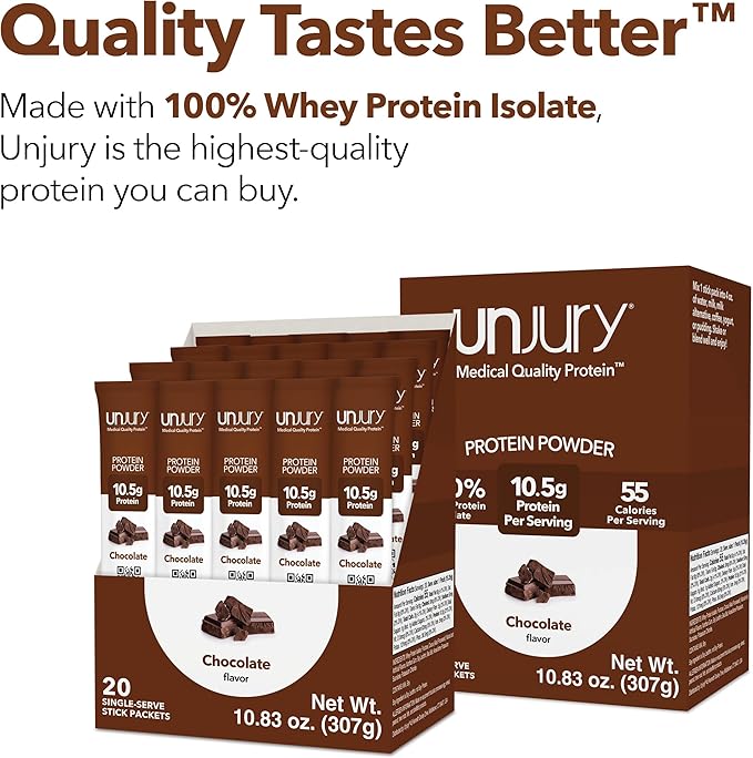 Unjury Whey Protein Powder Individual Stick Packs | Chocolate | 10.5g 100% Whey Isolate Protein Powder | Low Carb and Lactose Free | Gluten Free | Certified Kosher | 20 Servings