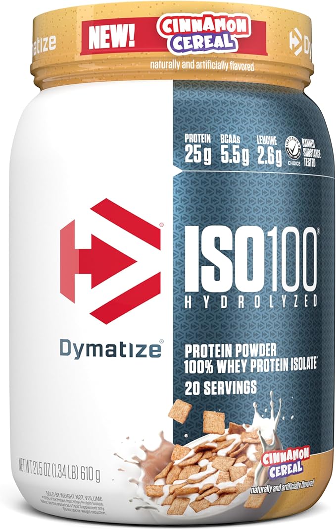 Dymatize ISO100 Whey Protein Powder Isolate Cinnamon Cereal 25g of Protein 5.5g BCAAs Less Than 120 Cal. Gluten Free 1g Fat 1g Sugar 2g Carb (20 Servings)