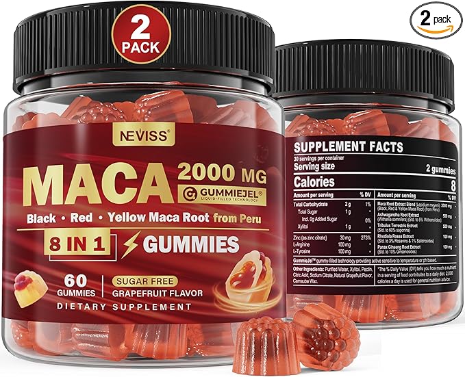 2 Pack Sugar Free Maca Root Gummies 2000mg with Ashwagandha Tribulus Terrestris Rhodiola Panax Ginseng L Arginine &amp L Tyrosine - Organic Black Red Yellow Maca Root for Women Men Energy Support