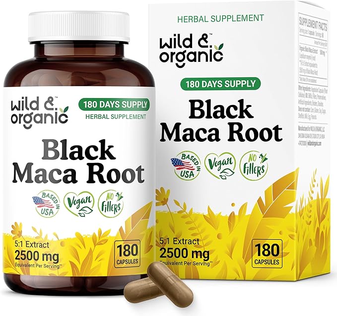 Wild &amp Organic Black Maca Root Capsules for Men &amp Women 500 mg - Overall Support for Men &amp Women - Vegan Maca Powder Supplement - 180 Days Supply - Non-GMO No Fillers Gluten-Free - 180 C