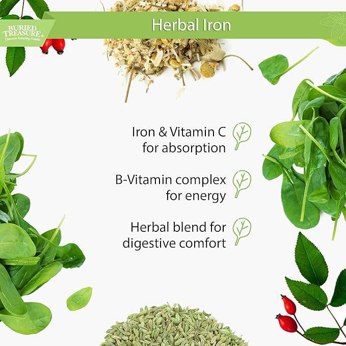 Buried Treasure Herbal Iron - 48 Servings Liquid Iron and Herbal Supplement Vitamin C &amp B Complex Vitamins Iron-rich Greens Vegan Iron for Men and Women