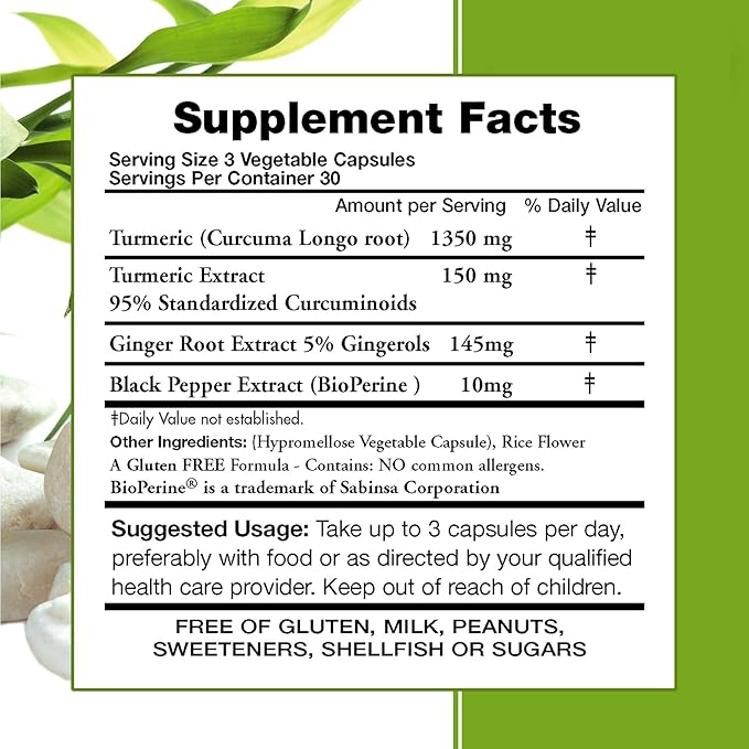 3 Bottles - Turmeric Curcumin Complex with Black Pepper Extract 1650 mg - Contains Piperine (for Superior Absorption and Tumeric Bio-Availability) – Plus Ginger Root Extract