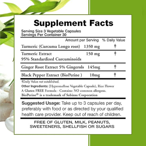 3 Bottles - Turmeric Curcumin Complex with Black Pepper Extract 1650 mg - Contains Piperine (for Superior Absorption and Tumeric Bio-Availability) – Plus Ginger Root Extract