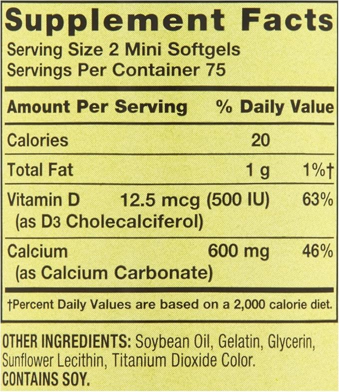 Calcium Plus Vitamin D3 150 Mini Softgels | Calcium Supplement | softgels | Calcium 600 mg with Vitamin d3 | Calcium Carbonate 600 mg 150 Mini Softgels + vslSticker