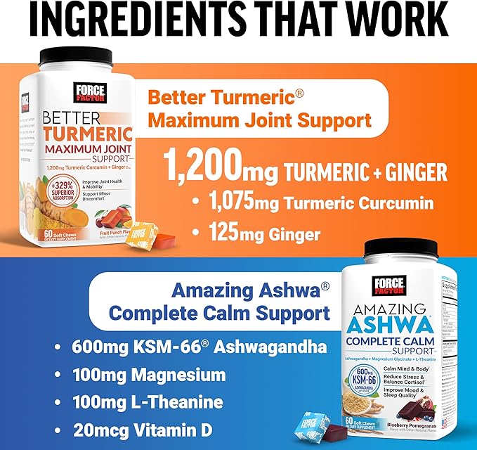 Force Factor Better Turmeric Maximum Joint Support 1075mg Curcumin Amazing Ashwa Complete Calm Support with KSM-66 Ashwagandha 120 Soft Chews