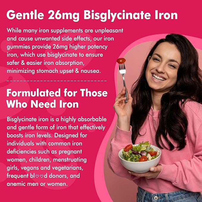 Iron Bisglycinate 26mg Filled Gummies- Gentle Beet Root Iron Gummy plus Vitamin C Supplement Iron with B12 &amp Folate for Women &amp Men Iron Deficiency Immune &amp Energy Support Sugar-Free