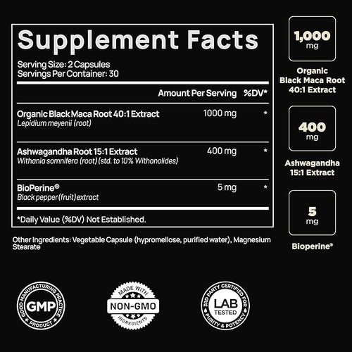 40x Strength Organic Black Maca Root w. Ashwagandha - #1 Highest Potency Black Maca Root Capsules for Men Supplement 40:1 Extract - 100% Pure Maca Peruana Gelatinized Maca Root Powder Pills