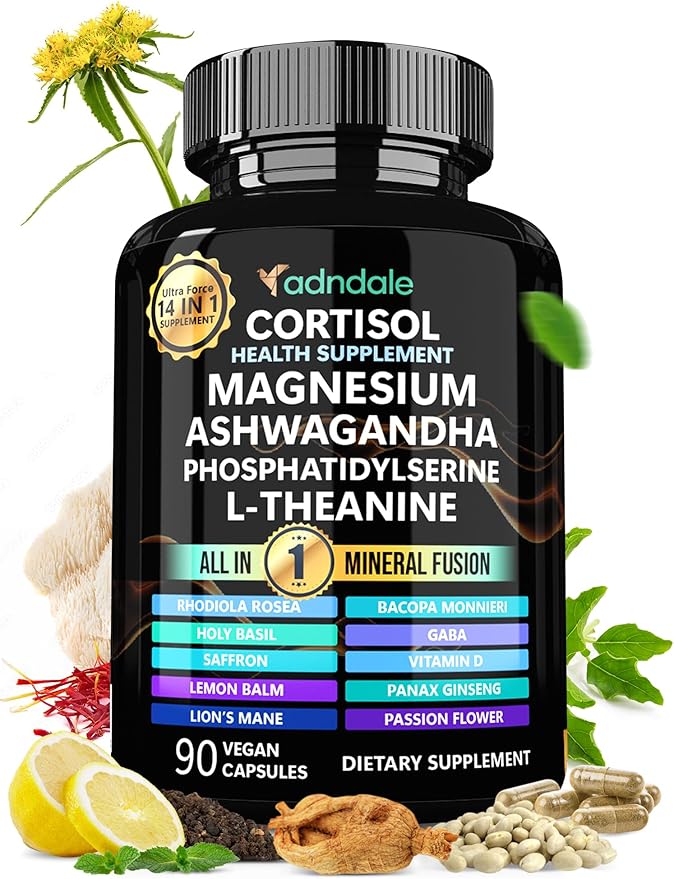 Adndale Cortisol Supplements for Women. Cortisol Reducer 14-in-1 Ashwagandha Supplement with Magnesium Glycinate L-Theanine &amp More. 90 Capsules.