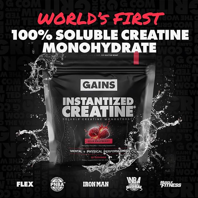 Gains in Bulk Instantized Creatine Monohydrate for Women and Men Soluble Pre Workout Powder Supports Muscle Building Strength and Performance Bodybuilding Supplements Sour Raspberry 30 Servings