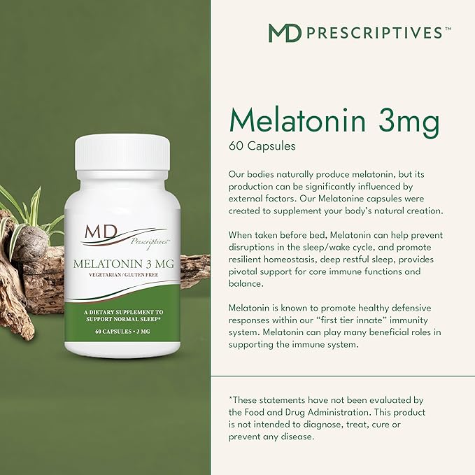 MD Prescriptives Melatonin 3mg Supplement for Men &amp Women - Promotes Deep Sleep Supports Immune Balance &amp Glutathione Production - 60 Daily Capsules