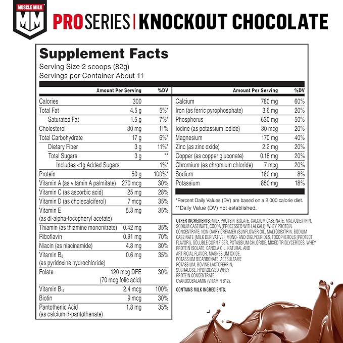 Muscle Milk Pro Series Protein Powder SupplementKnockout Chocolate2 Pound11 Servings50g Protein3g Sugar20 Vitamins &amp MineralsNSF Certified for SportWorkout RecoveryPackaging May Vary