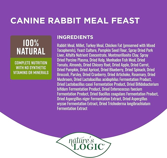 NATURE'S LOGIC Dry Dog Food - 100% Natural - No Synthetics - for All Ages Sizes Breeds - Free from Common Allergens High Protein - Rabbit Meal Feast 25lbs