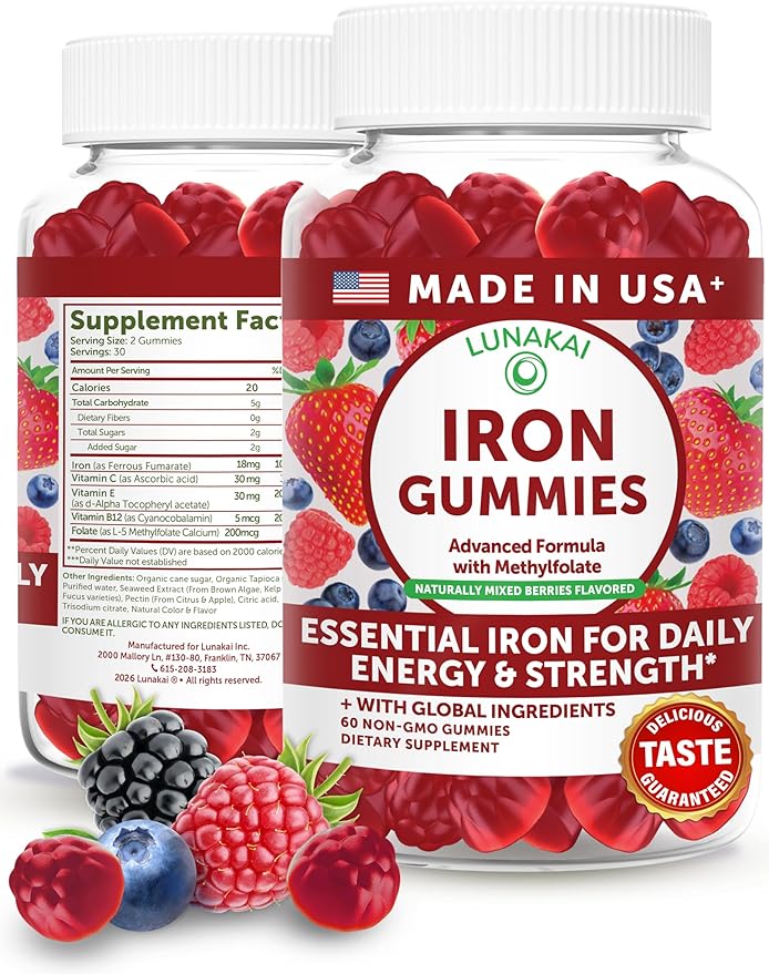 Lunakai USA Made Vegan Iron Gummies 5-in-1 with Methylfolate Vitamin C E &amp B12 - Daily Chewable Iron Supplement for Women Men &amp Kids - Energy &amp Blood Health Support Non-GMO 60ct