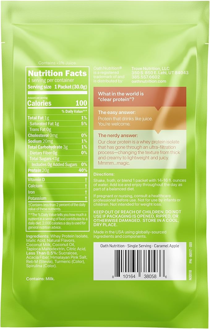 Oath Nutrition Clear Whey Isolate Protein Powder Caramel Apple 20g Complete Protein per Serving No Added Sugar Grass-Fed Single Serving (6 Count)