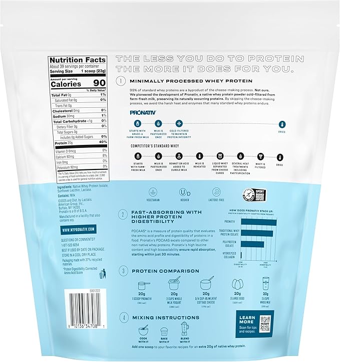 100% Whey Native Protein Powder Unflavored 2 lb Made from Farm Fresh Milk No Artificial Flavors or Preservatives for Muscle Health and Recovery Lactose Free