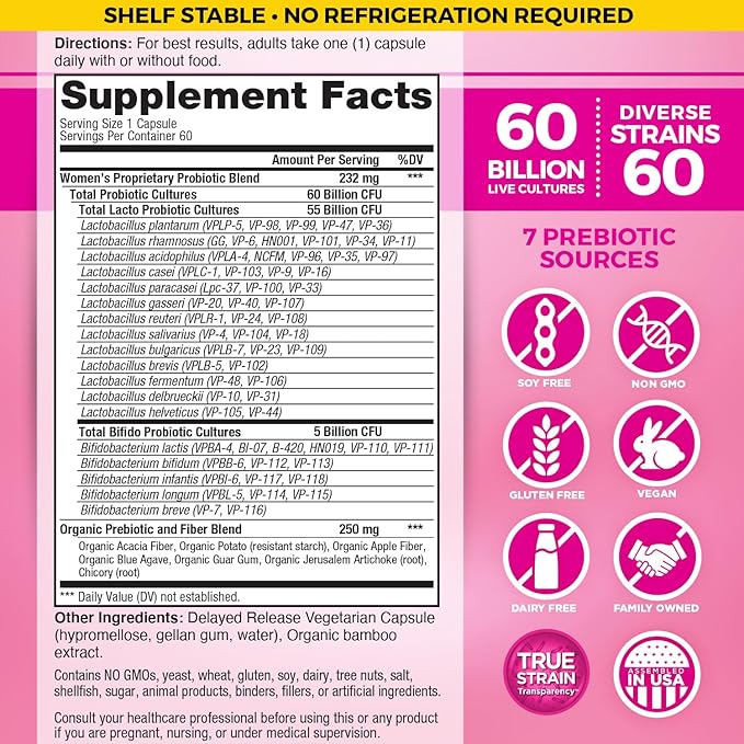 Vital Planet - Vital Flora Probiotics for Women 60 Billion CFU Diverse Strains Daily Shelf Stable Probiotic with Organic Prebiotics for Vaginal Support Immune and Digestive Health 60 Capsules