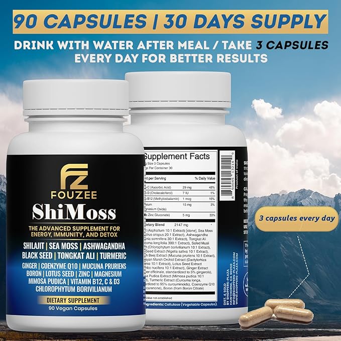 ShiMoss Supplement w/Shilajit 1000mg Sea Moss 7000mg Ashwagandha 9000mg Tongkat Ali 90000 mg Vitamin C B12 Boron Turmeric Ginger - Immunity Dietary Capsule for Men &amp Women - 90 Count