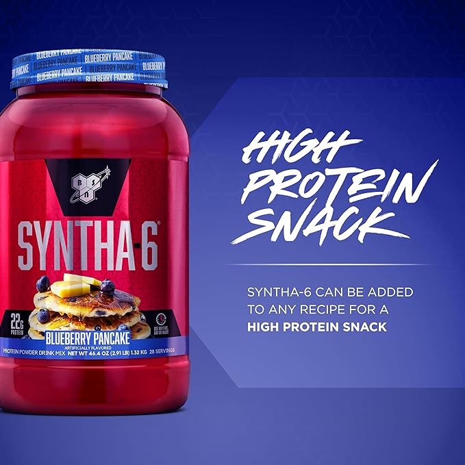 BSN SYNTHA-6 Premium Protein Powder with 6g of Fiber Whey Protein Micellar Casein Milk Protein Isolate Blend 5g Fat Blueberry Pancake 28 Servings (Packaging May Vary)