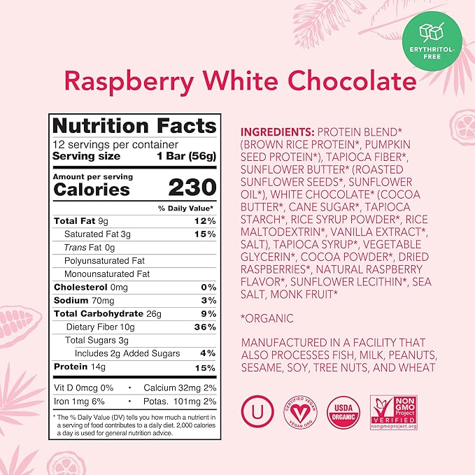 ALOHA Organic Plant Based Protein Bars | Raspberry White Chocolate | 12 Count 1.98oz Bars | Vegan Low Sugar Gluten Free Paleo Low Carb Non-GMO Stevia Free Soy Free No Sugar Alcohol Sweeteners
