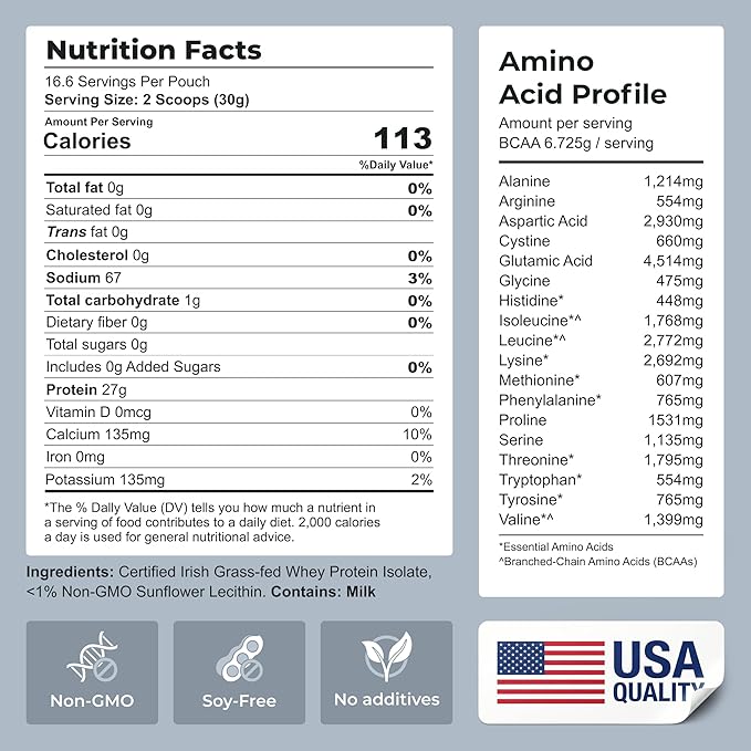 Premium Whey Protein Isolate Powder 500g Unflavored Irish Grass-Fed 27g Protein per Serving for Muscle Growth &amp Recovery Non-Bloating Gluten &amp Lactose Free Clean Ingredients | Centenarius N