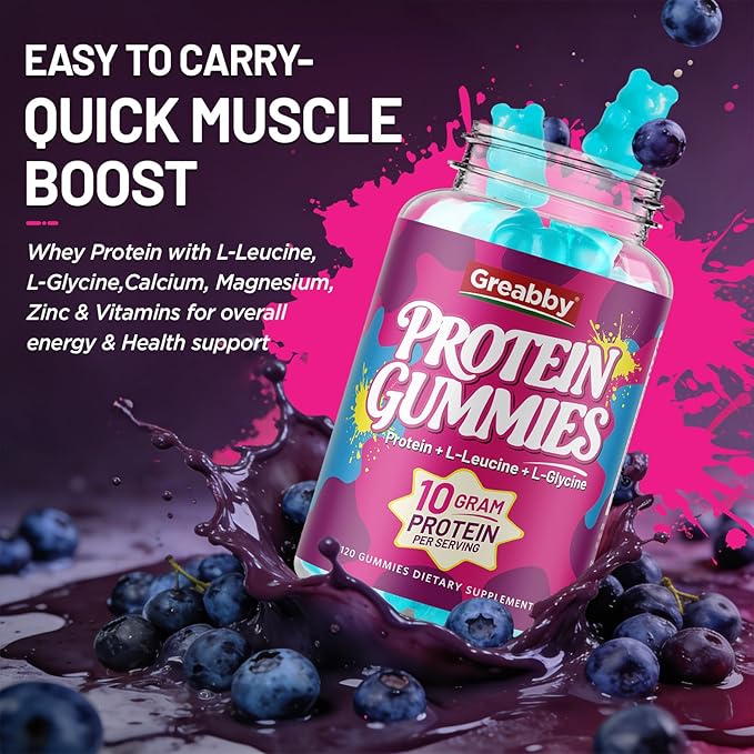 Protein Gummies Chewable Whey Protein Supplement with L-Glycine &amp L-Leucine 10g Protein for Women &amp Men Muscle Hair Skin &amp Nails 120 Count