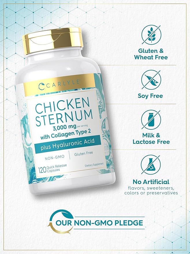 Carlyle Chicken Sternum Cartilage Collagen Capsules | Type II 3000mg | 120 Pills | Plus Hyaluronic Acid | Non-GMO Gluten Free