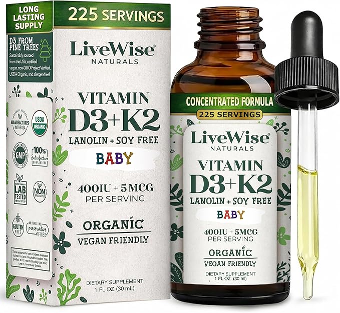 Vitamin D3 K2 Drops for Babies - Concentrated Formulation 225 Servings at 400 IU 5 MCG (MK-7) Micro-Dose Dropper Gentle Daily Supplementation Early Development &amp Precise Dosing