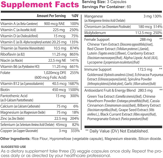 Lumen Naturals Women's Multivitamin Vitamin B12 A C D &amp E - 180 Count - 60 Servings - Veggie Capsules