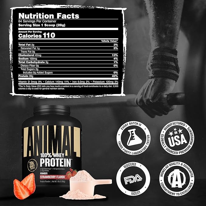 Animal 100% Whey Protein Powder – Whey Blend for Pre or Post Workout Recovery Anytime Low Sugar Protein Boost Meal Replacement with BCAA Branched Chain Amino Acids – New Flavor Strawberry 4 lb