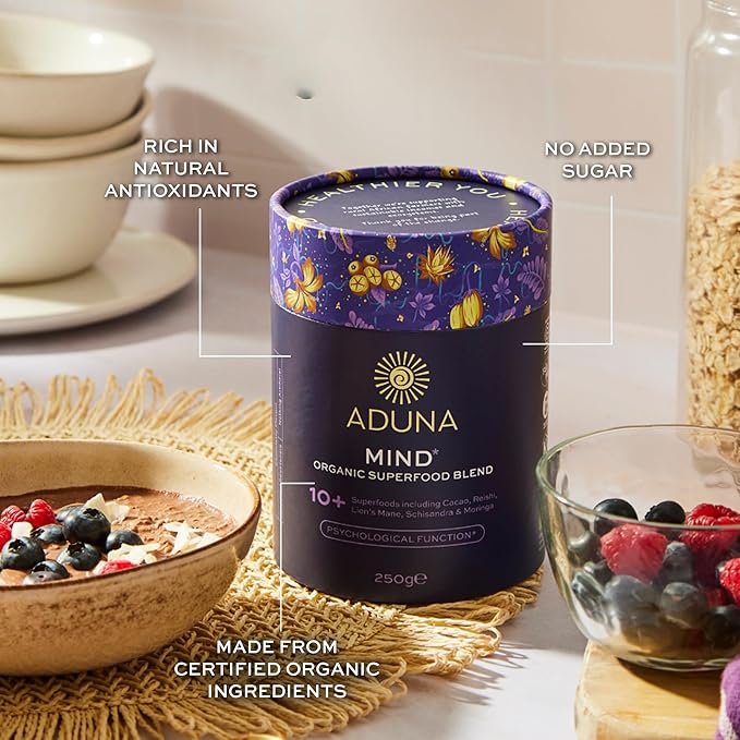 Aduna Organic Mind Superfood Blend | 100% Natural Stir-in Blend With 10+ Superfoods for Focus Calm &amp Mental Clarity | Vegan Powder for Oats Yogurt Shakes Smoothies Drinks &amp Baking | 250g