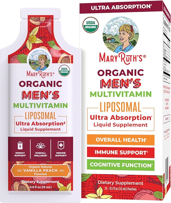 MaryRuth Organics Multivitamin for Men | USDA Organic | Sugar Free Mens Multivitamin Liposomal | Liquid Vitamins for Men | Immune Support Supplement &amp Overall Wellness | Vegan | 14-0.5 Fl Oz Pouch
