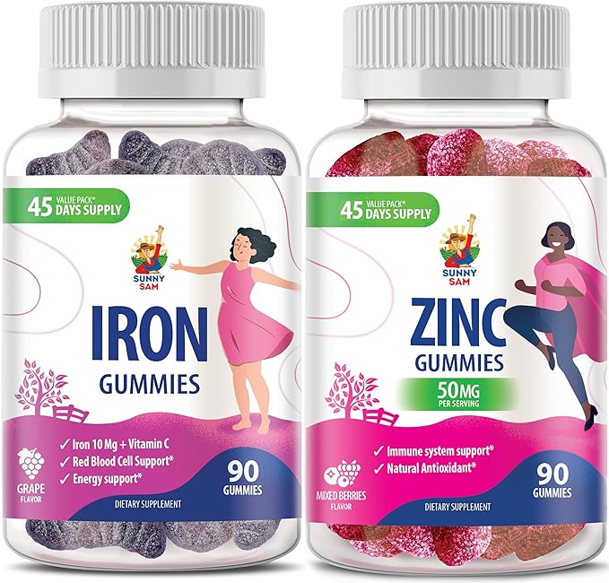 Zinc Gummies for Adults &amp Iron Gummies for Adults - Iron Vitamins with Vitamin C 10mg per Serving - Iron Chewable Fruit Gummy for Immune Support Red Blood Cell Production Zinc Chewable Gummy f