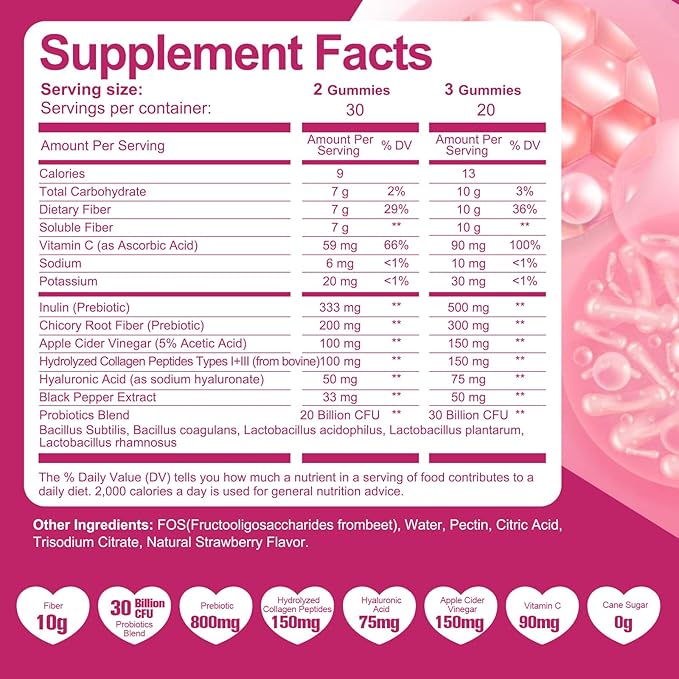 10G Fiber Gummies with Collagen Peptides Hyaluronic Acid Vitamin C ACV &amp 30 Billion CFU Probiotics – Sugar Free Collagen Gummies for Skin Hair &amp Nails – Digestive Support – 120 Cts