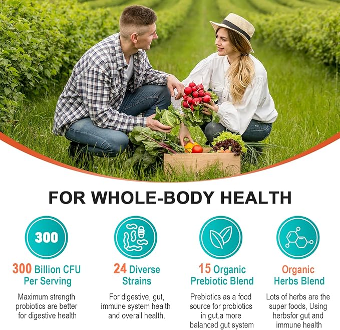 Probiotics for Women &amp Men - 300 Billion CFU 24 Strains Probiotic + 15 Organic Herbs Prebiotics Blend for Overall Digestive Gut Health Immune Constipation &amp Bloating Shelf Stable - 2 Mont