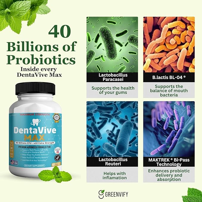 DentaVive Max Probiotic Supplement 40 Billion CFU 60 Capsules Premium Oral Health Support for Teeth Gums Digestive Health (3)