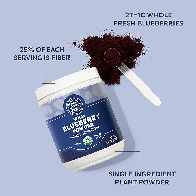 Vimergy Wild Blueberry Powder –Protects Brain Health* - Supports Cardiovascular Function* – USDA Organic Vegan &amp Gluten-Free – 250g