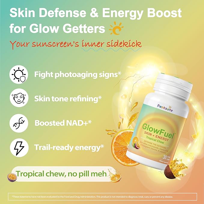 GlowFuel Niacinamide Supplement Tropical Fruits Flavor Chew Vitamin C &amp E Boost NAD+ Skin Care Health &amp Energy Support Caffeine &amp Gluten Free Non-GMO 90 Day Supply - 30 Ct x 3 Pack