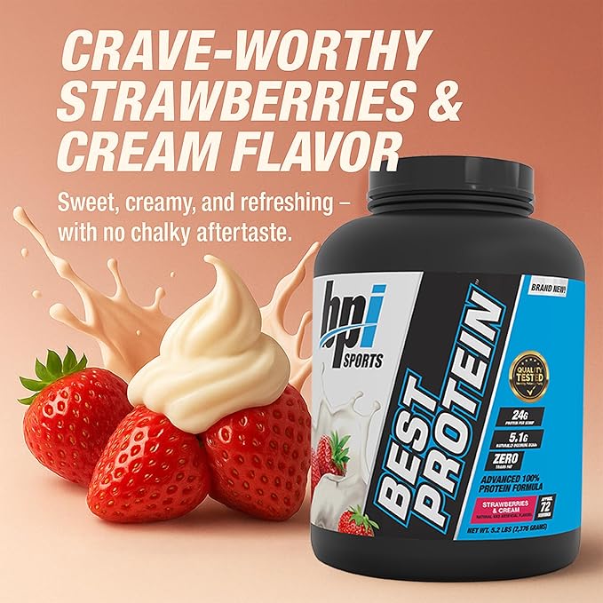 BPI Sports Best Protein – 100% Whey Protein Powder – Muscle Growth Recovery Meal Replacement – No Maltodextrin No Fillers Gluten Free – for Men &amp Women | Strawberries and Cream – 5.2 Pounds