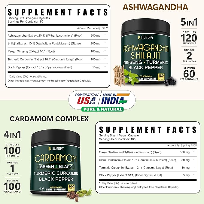Bundle 5in1 Ashwagandha Shilajit 120 Count &amp 4in1 Cardamom Capsules 100 Count