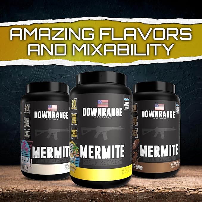 DownRange Mermite Whey Protein Powder Post Workout Muscle Recovery &amp Energy Support Drink Mix Supplement with 20g Whey Protein 9g Amino Acid 30 Servings (Vanilla)