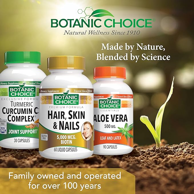 Botanic Choice Hair Skin and Nails Vitamins - Biotin Supplement with Collagen Vitamin C &amp Iron - Super Antioxidant Blend with Argan Oil &amp Hyaluronic Acid - 60 Liquid Capsules