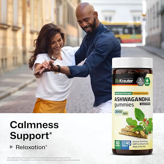 BIO KRAUTER® Ashwagandha Gummies for Mood Magic &amp Relaxation Support 2000 mg - Vegan Ashwagandha Supplements for Women &amp Men - 90 Relax Gummies - 45 Days of Supply Mango Flavor - Non-GMO