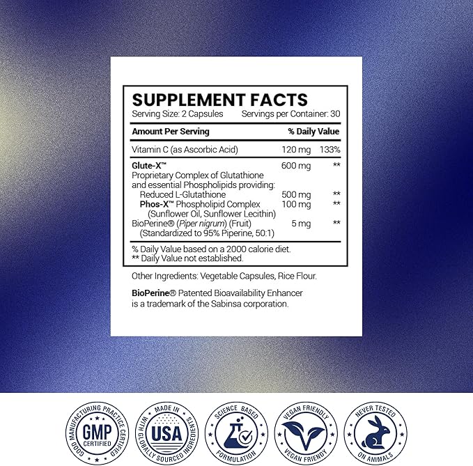 Research Verified® Glutathione - Liposomal Glutathione 500mg with Phospholipid Complex Vitamin C Bioperine® - Vegan - 60 Capsules Per Bottle (6 Bottles)