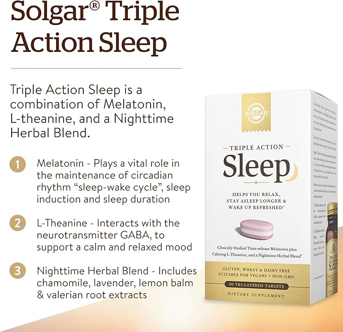 Solgar Triple Action Sleep 90 Tri-Layer Tablets - Time-Release Melatonin &amp L-Theanine Plus Herbal Blend - Helps You Relax - Non-GMO Gluten Free - 90 Servings