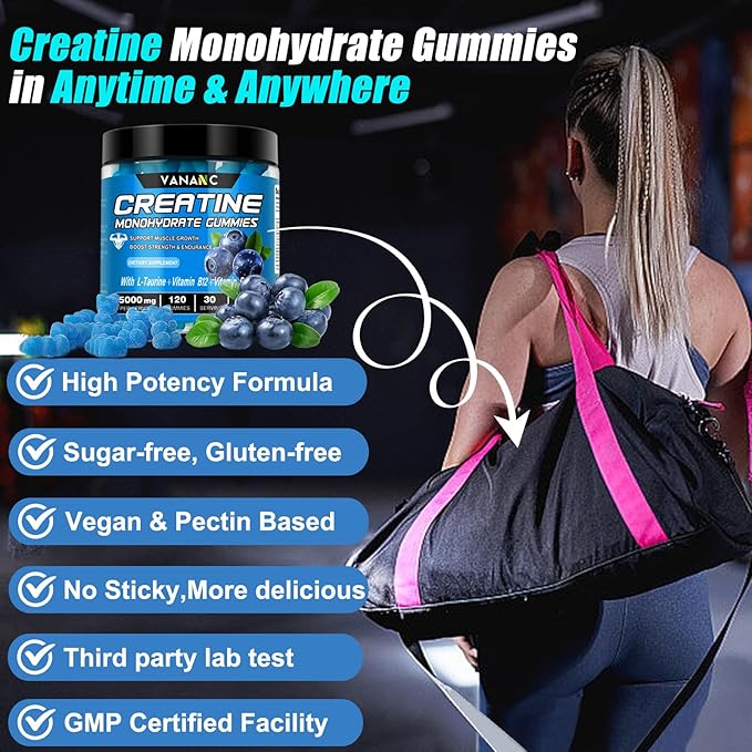 Creatine Monohydrate Gummies 5g for Men &amp Women120 Sugar-Free Chews Pre Workout Creatine Supplement with L-Taurine &amp Vitamins for Muscle Strength Boost Energy &amp Endurance-Blueberry Flavo