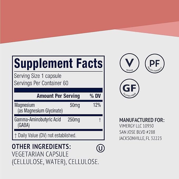 VIMERGY GABA with Magnesium – Supports Nervous System Function – Promotes Relaxation – Kosher Vegan &amp Gluten-Free – 60 Capsules