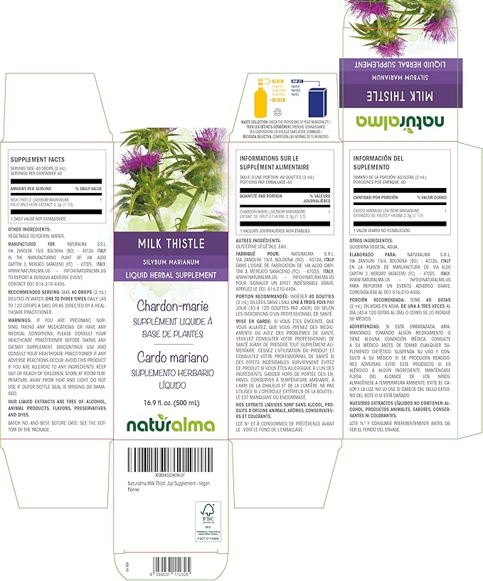 Naturalma Milk Thistle (Silybum marianum) Fruit and herb Alcohol-Free Tincture - 16.9 fl oz Liquid Extract in Drops - Herbal Supplement - Vegan