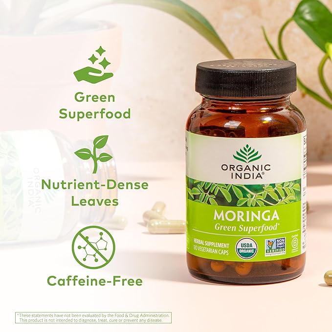 ORGANIC INDIA Moringa Capsules Organic - Moringa Supplement - Green Superfood Pure Supergreen Vegan Greens Nature's Multivitamin Vegan Gluten-Free - 180 Capsules