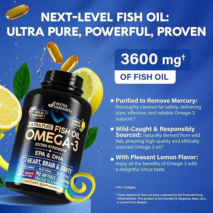 Omega 3 Fish Oil 3600 mg - Omega 3 Supplement | EPA &amp DHA - Heavy Metals Free - Heart Brain &amp Joint Support - Purified Fish Oil for Men &amp Women - Lemon Flavored - Made in USA 90 Softgels